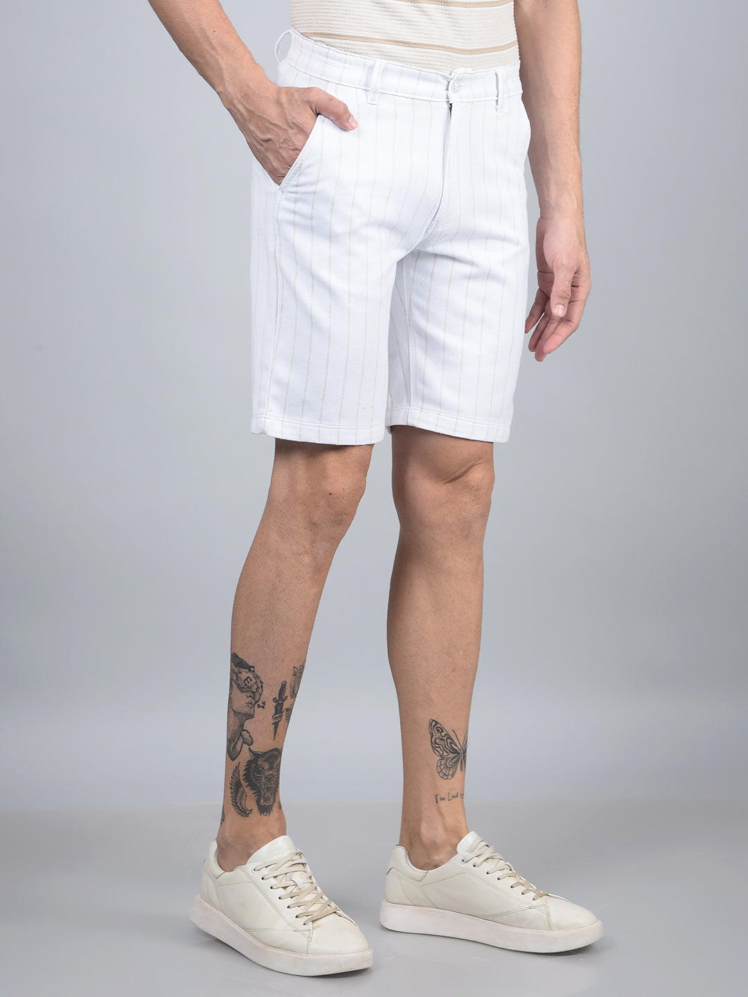White Vertical Stripes Linen Shorts-Men Shorts-Crimsoune Club
