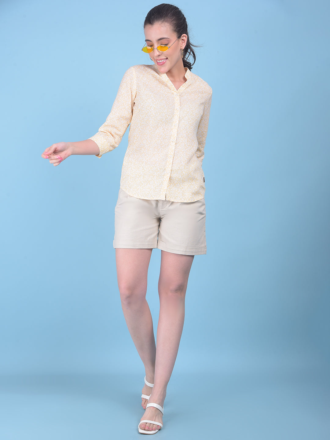 Beige Cotton Mini Chinos Shorts-Women Shorts-Crimsoune Club