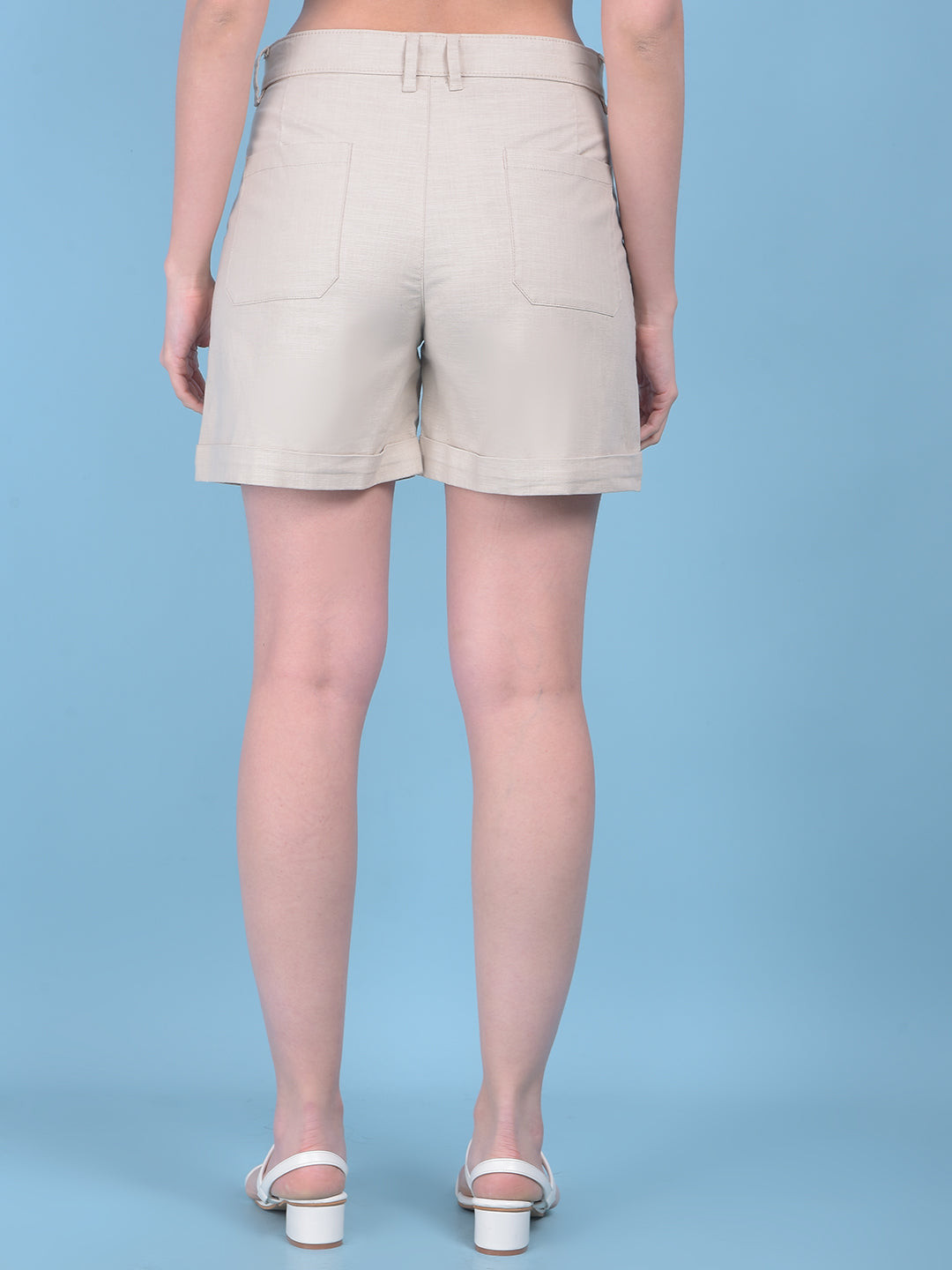 Beige Cotton Mini Chinos Shorts-Women Shorts-Crimsoune Club