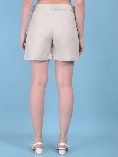 Beige Cotton Mini Chinos Shorts-Women Shorts-Crimsoune Club