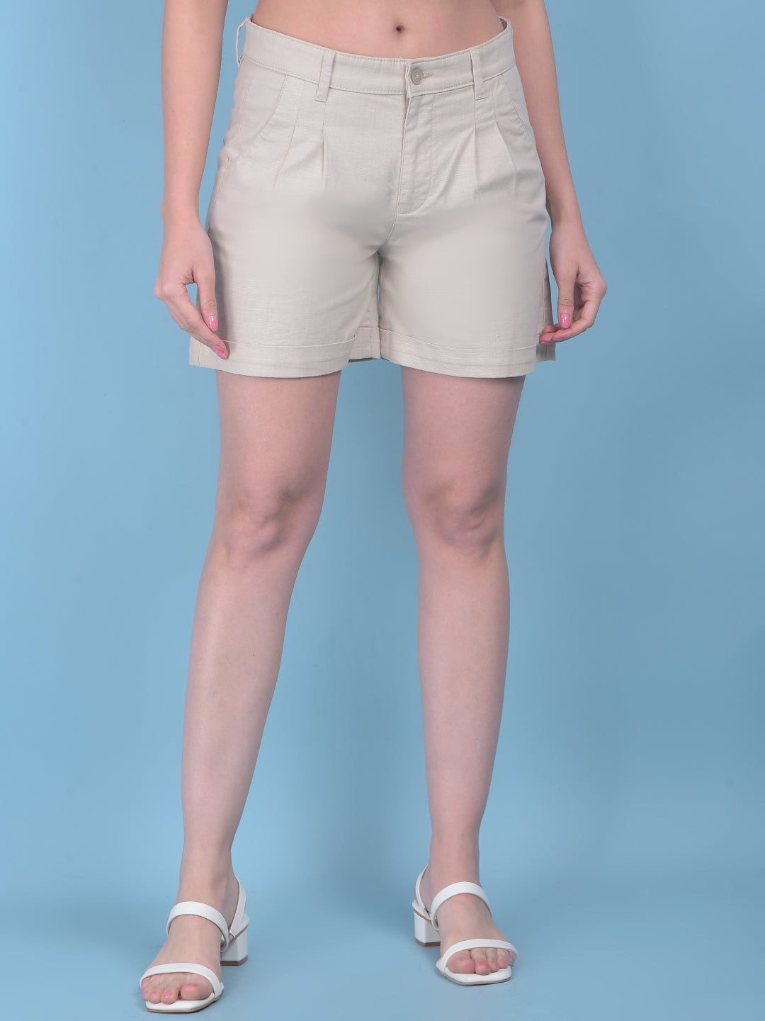 Beige Cotton Mini Chinos Shorts-Women Shorts-Crimsoune Club