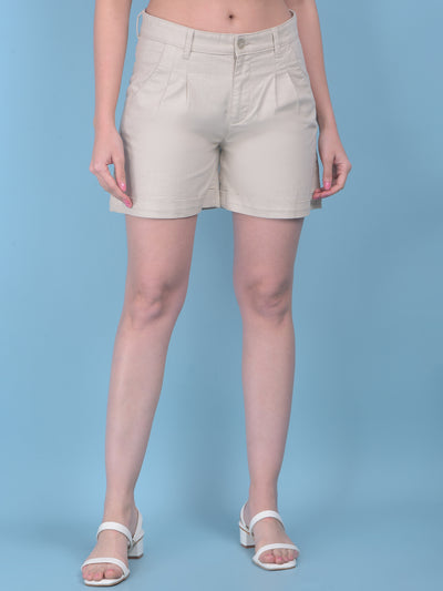 Beige Cotton Mini Chinos Shorts-Women Shorts-Crimsoune Club