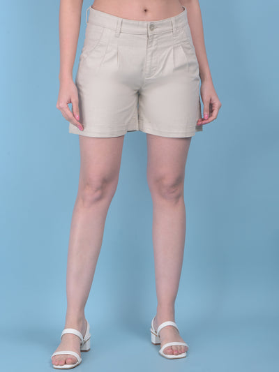 Beige Cotton Mini Chinos Shorts-Women Shorts-Crimsoune Club