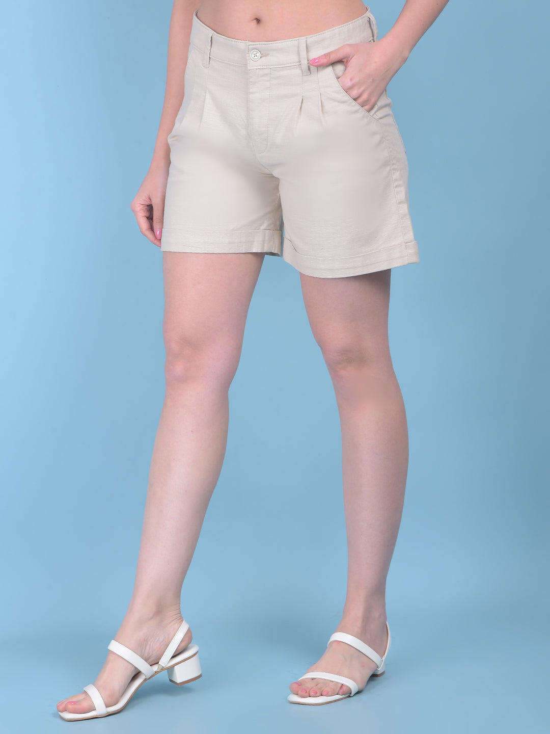 Beige Cotton Mini Chinos Shorts-Women Shorts-Crimsoune Club