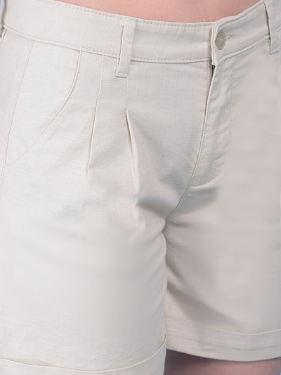 Beige Cotton Mini Chinos Shorts-Women Shorts-Crimsoune Club