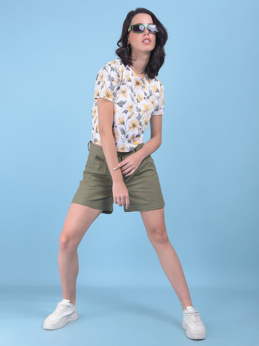 Olive Cotton Mini Chinos Shorts-Women Shorts-Crimsoune Club