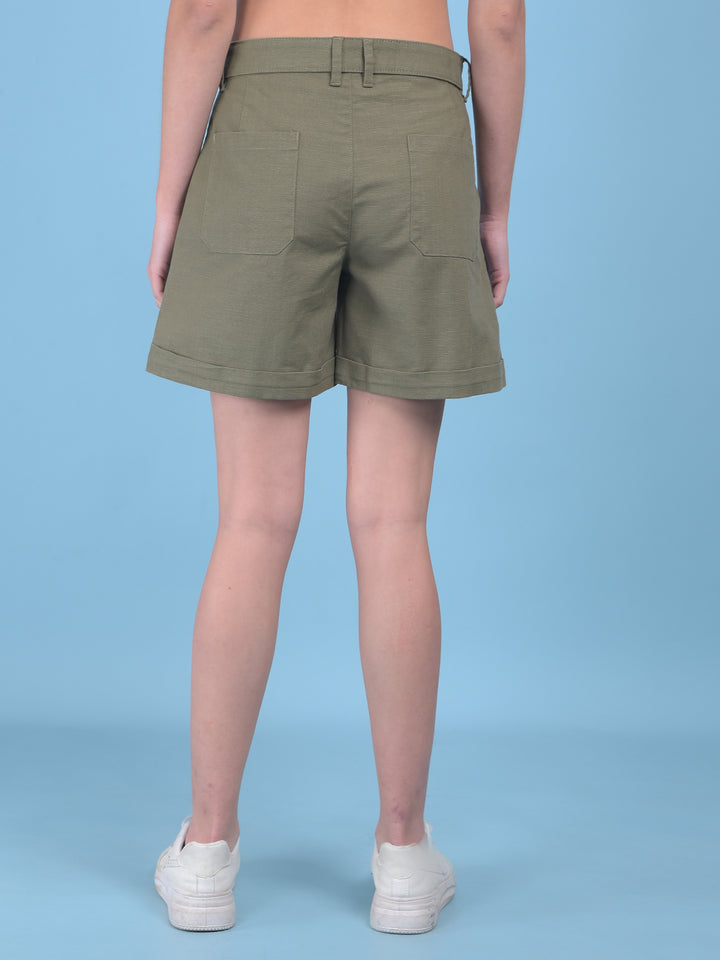 Olive Cotton Mini Chinos Shorts-Women Shorts-Crimsoune Club