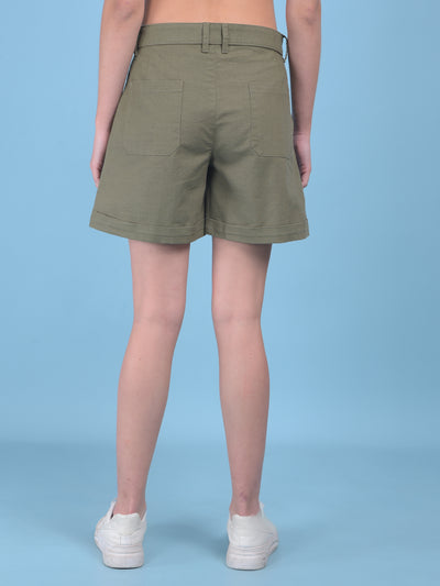 Olive Cotton Mini Chinos Shorts-Women Shorts-Crimsoune Club