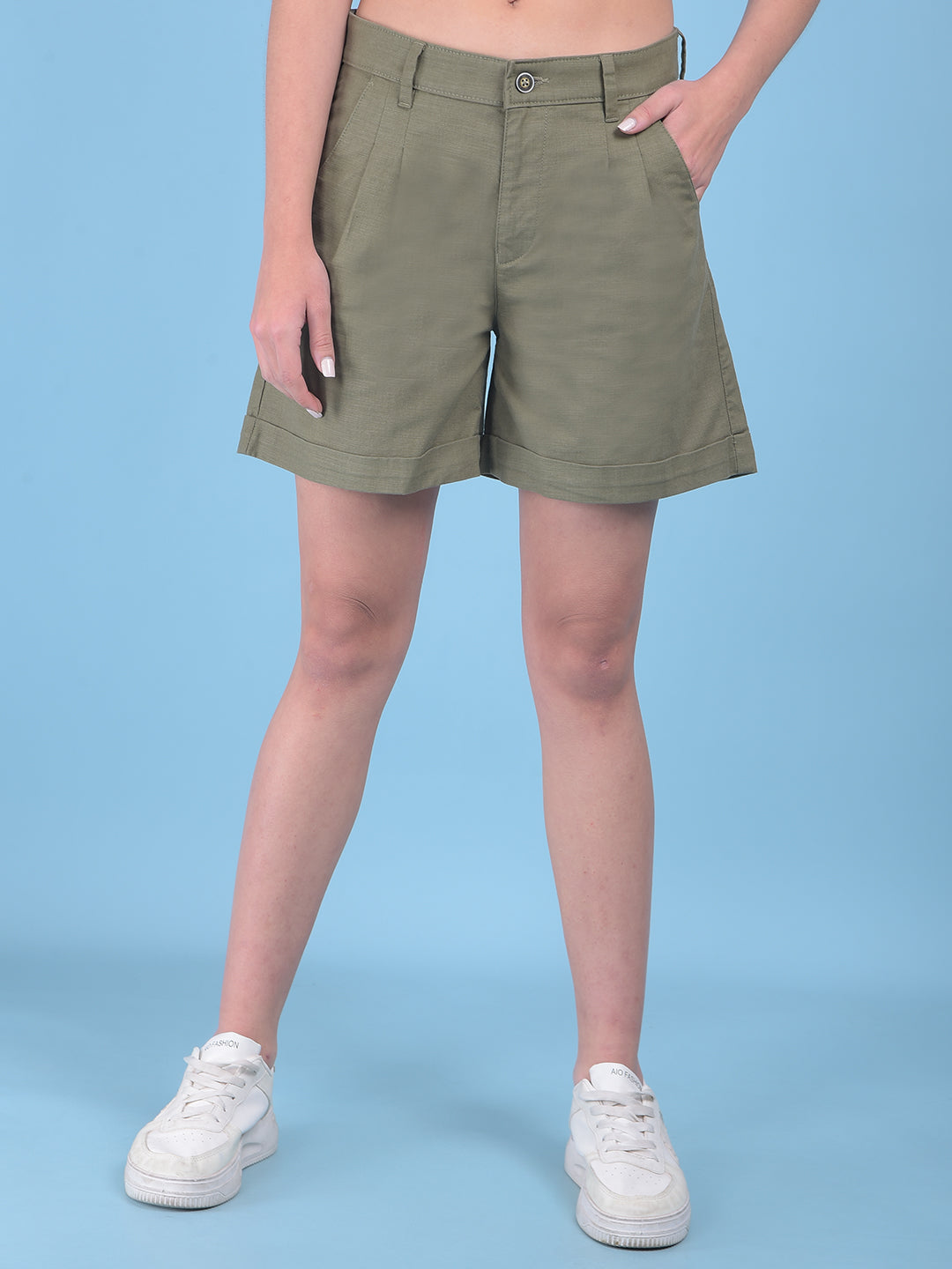 Olive Cotton Mini Chinos Shorts-Women Shorts-Crimsoune Club