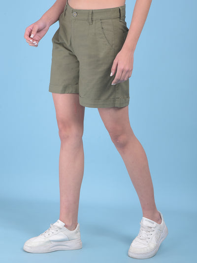 Olive Cotton Mini Chinos Shorts-Women Shorts-Crimsoune Club