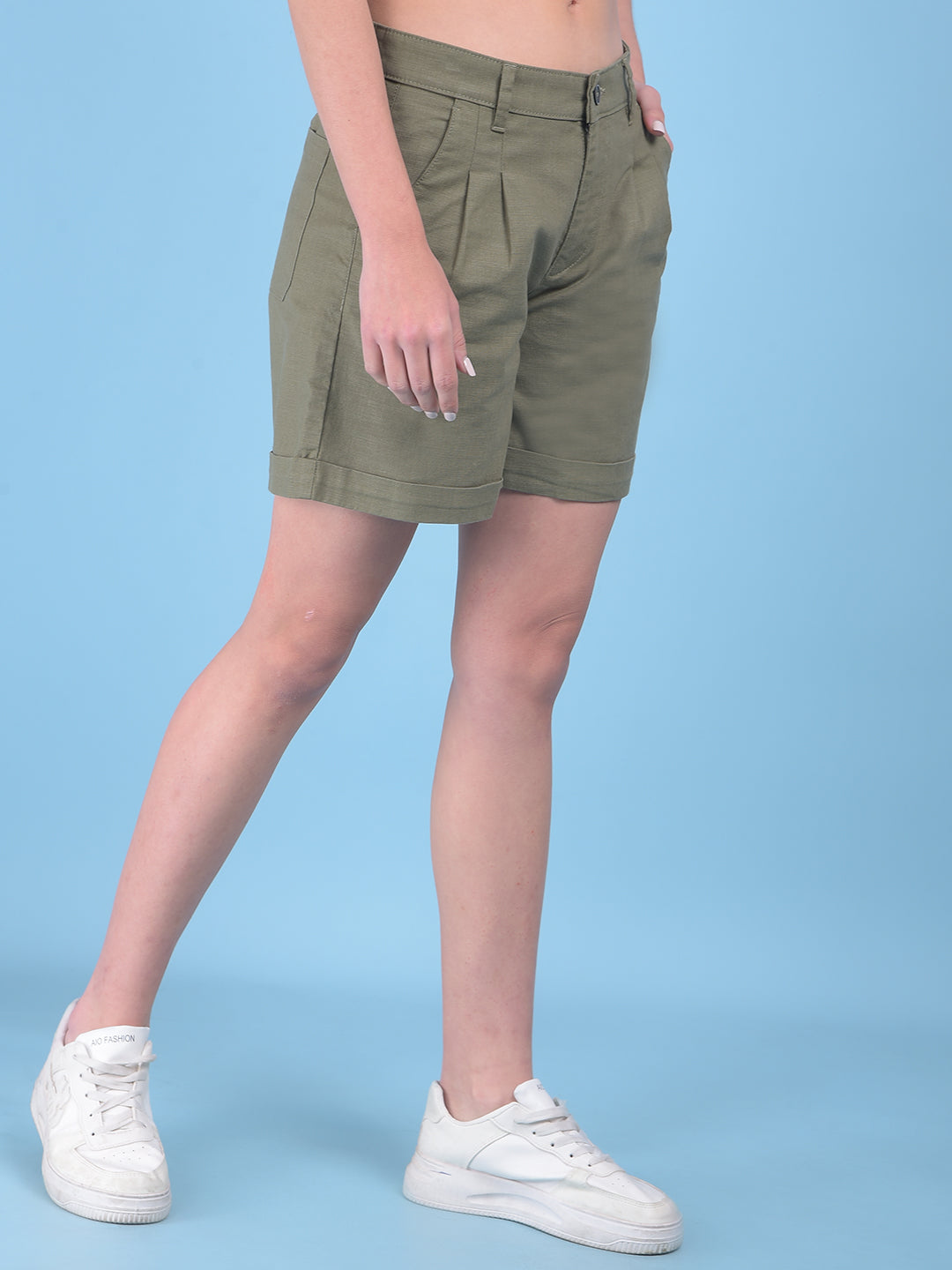 Olive Cotton Mini Chinos Shorts-Women Shorts-Crimsoune Club