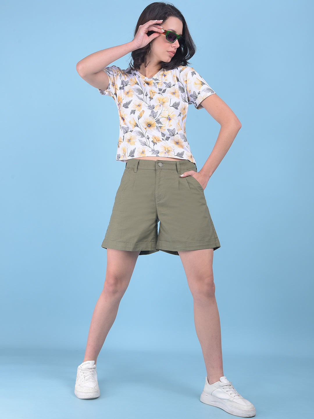 Olive Cotton Mini Chinos Shorts-Women Shorts-Crimsoune Club