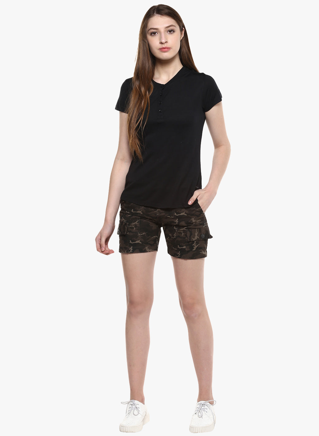 Black Camouflage Printed Shorts-Women Shorts-Crimsoune Club