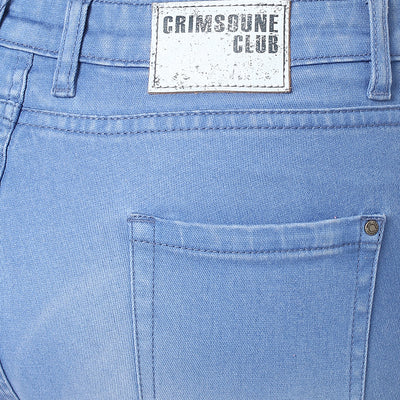 Blue Solid Denim Shorts-Women Shorts-Crimsoune Club