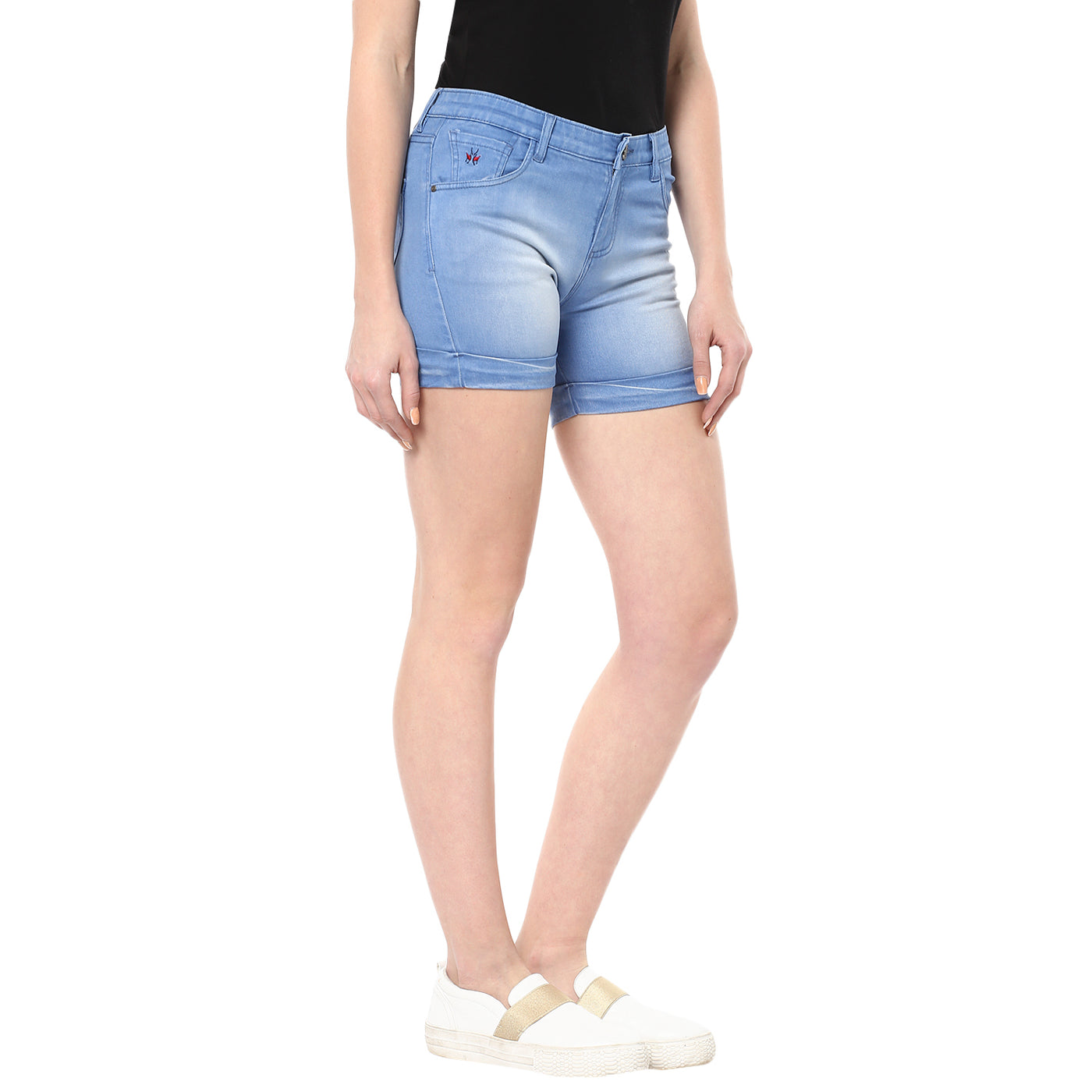 Blue Solid Denim Shorts-Women Shorts-Crimsoune Club