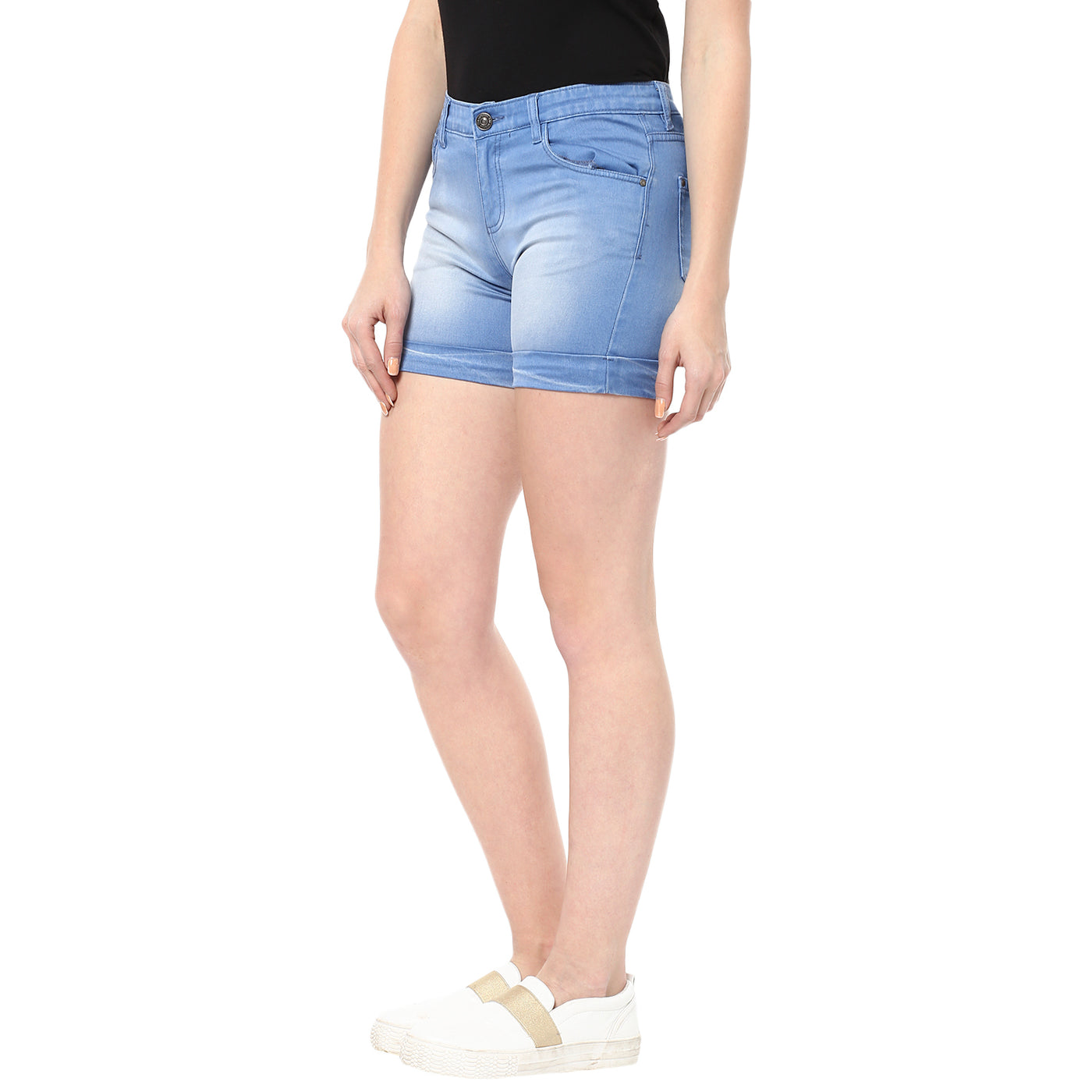 Blue Solid Denim Shorts-Women Shorts-Crimsoune Club