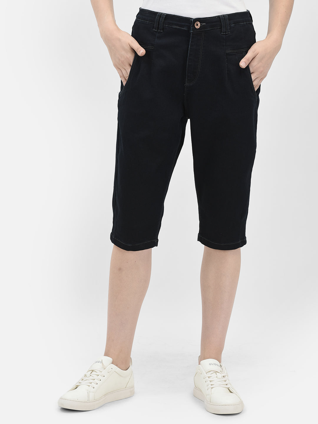Black Stretchable Denim Shorts-Women Shorts-Crimsoune Club