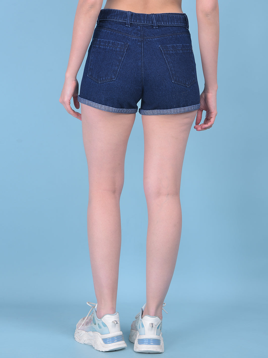 Navy Blue Denim Hot Pants-Women Shorts-Crimsoune Club