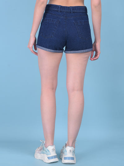 Navy Blue Denim Hot Pants-Women Shorts-Crimsoune Club