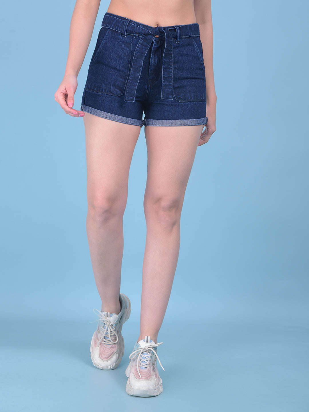 Navy Blue Denim Hot Pants-Women Shorts-Crimsoune Club