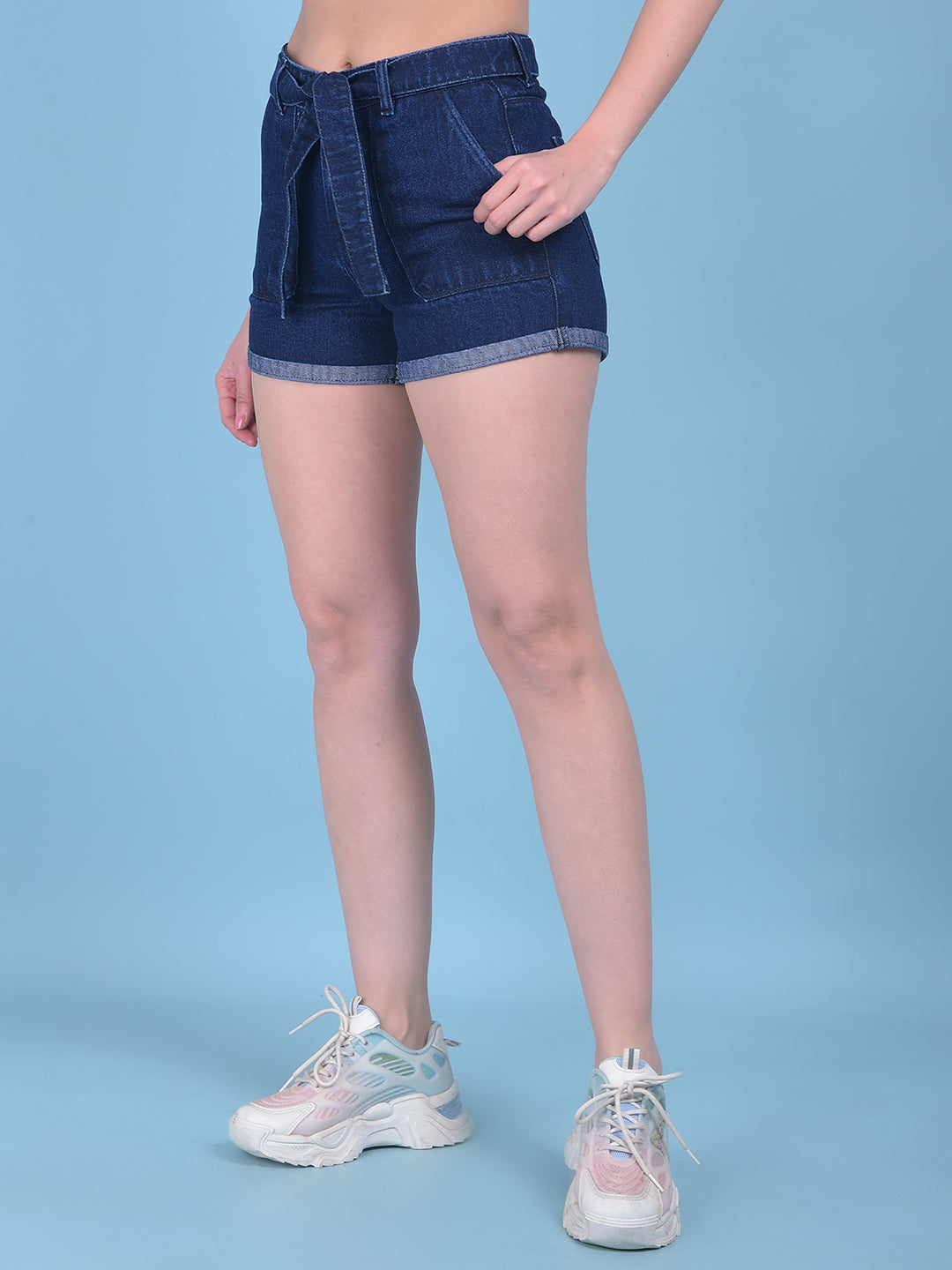Navy Blue Denim Hot Pants-Women Shorts-Crimsoune Club