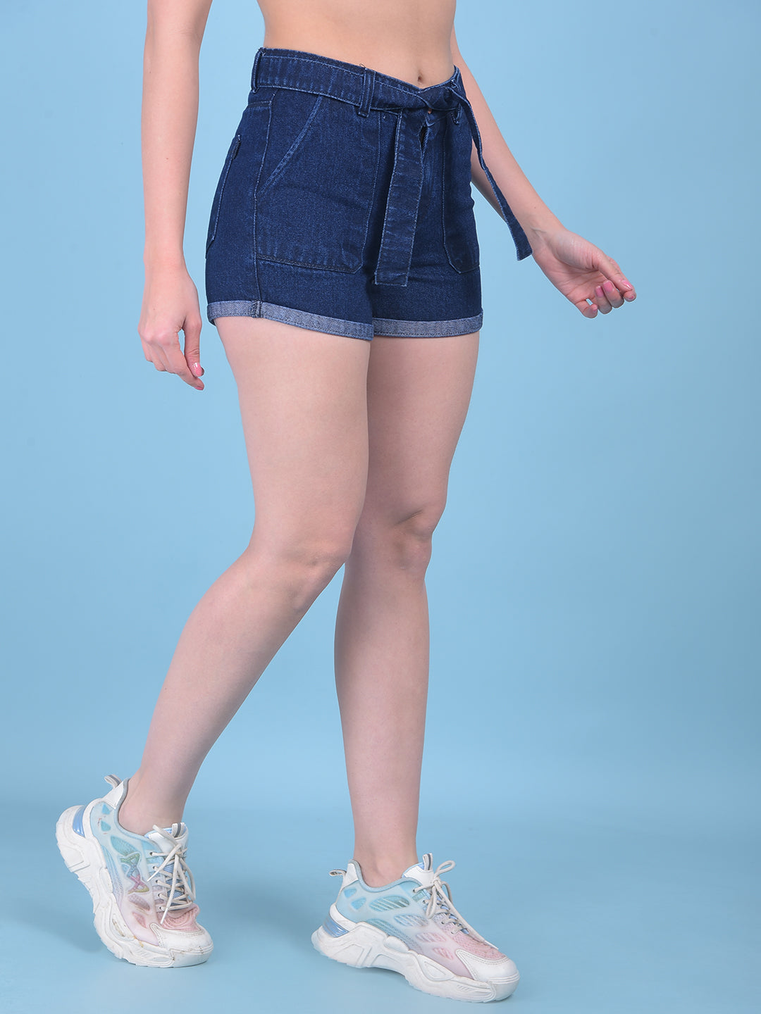 Navy Blue Denim Hot Pants-Women Shorts-Crimsoune Club