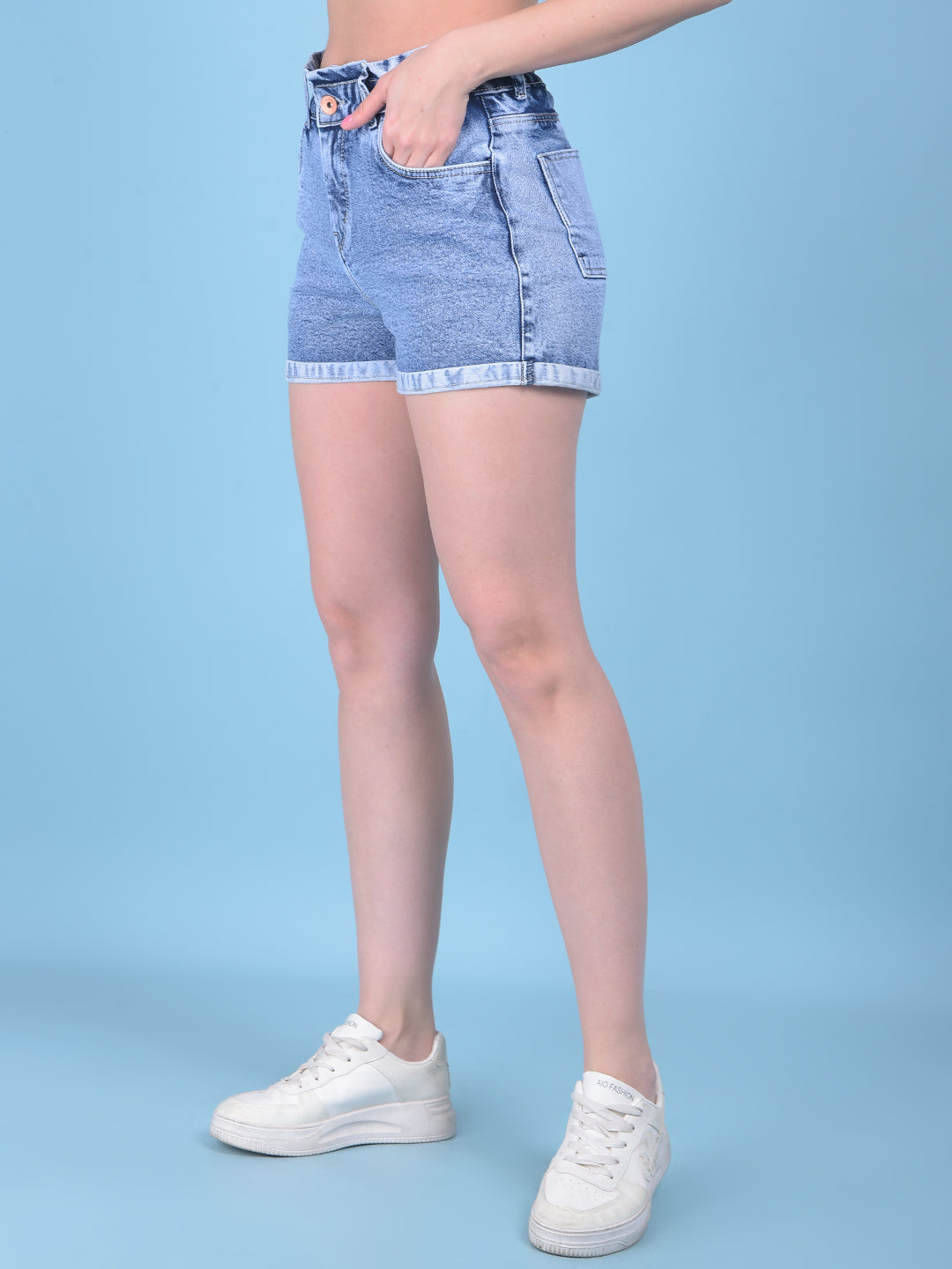 Blue Denim Hot Pants-Women Shorts-Crimsoune Club