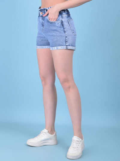 Blue Denim Hot Pants-Women Shorts-Crimsoune Club