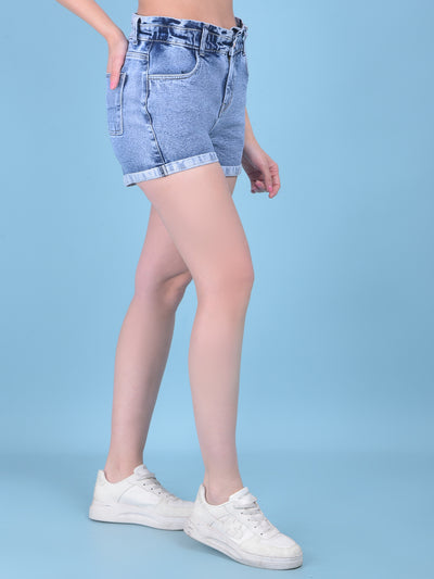 Blue Denim Hot Pants-Women Shorts-Crimsoune Club
