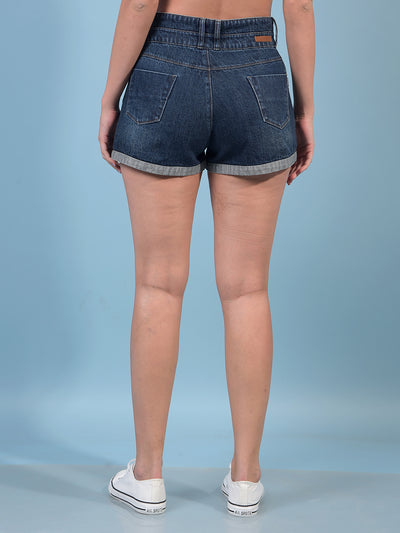Women's Blue 100% Cotton Denim Hot Pants-Women Shorts-Crimsoune Club