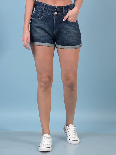 Women's Blue 100% Cotton Denim Hot Pants-Women Shorts-Crimsoune Club