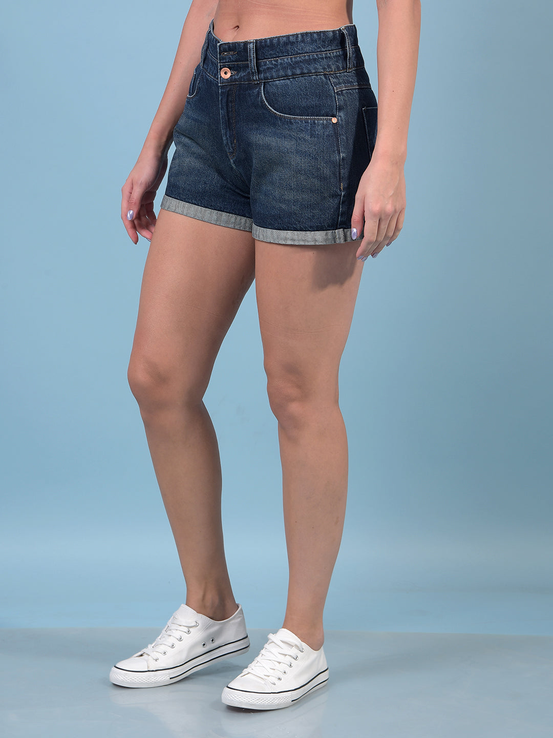 Women's Blue 100% Cotton Denim Hot Pants-Women Shorts-Crimsoune Club