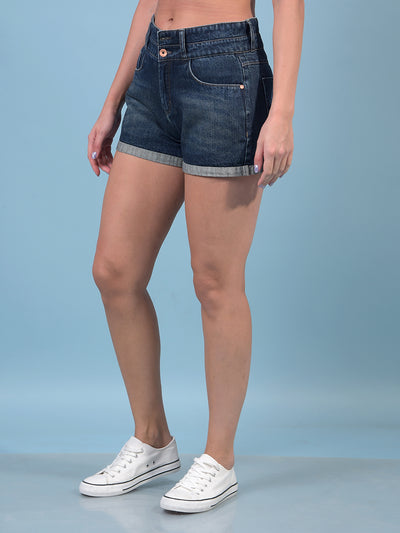 Women's Blue 100% Cotton Denim Hot Pants-Women Shorts-Crimsoune Club