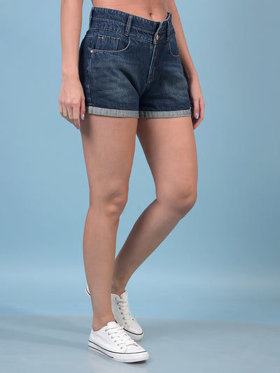 Women's Blue 100% Cotton Denim Hot Pants-Women Shorts-Crimsoune Club