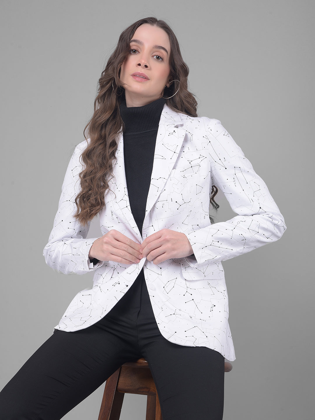 White Printed Blazer-Women Blazers-Crimsoune Club