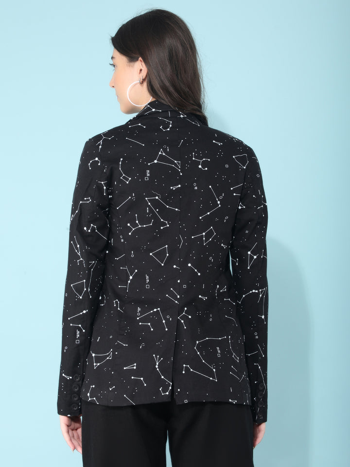 Black Printed Single Breasted Blazer-Women Blazers-Crimsoune Club