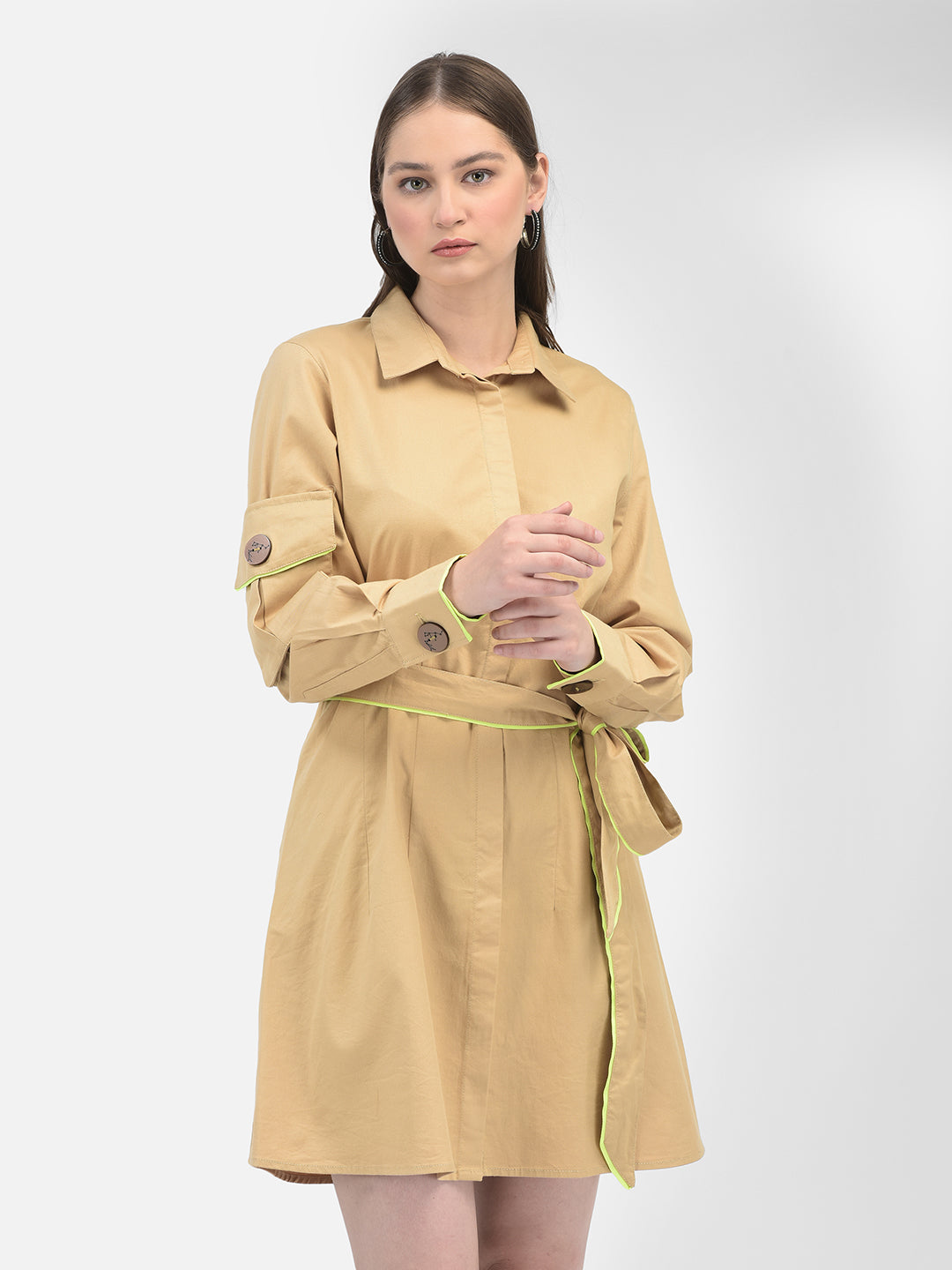 Khaki Solid Dress-Women Dresses-Crimsoune Club