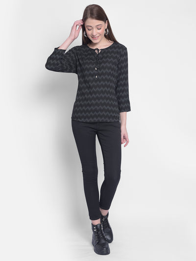 Black Tie-Up Neck Printed Top-Women Tops-Crimsoune Club