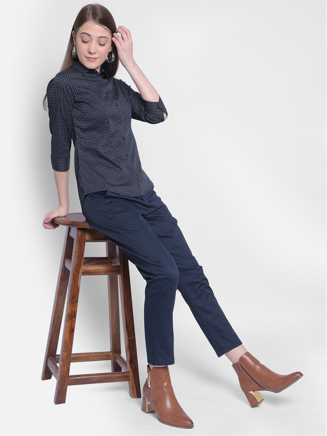 Navy Blue Printed Shirt-Women Shirts-Crimsoune Club