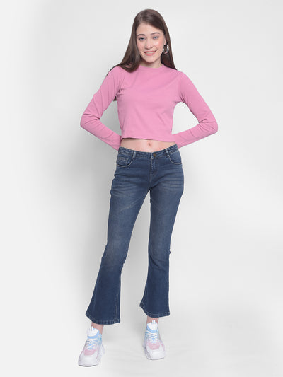 Pink Crop Length Long Sleeved T-Shirt-Women T-shirts-Crimsoune Club