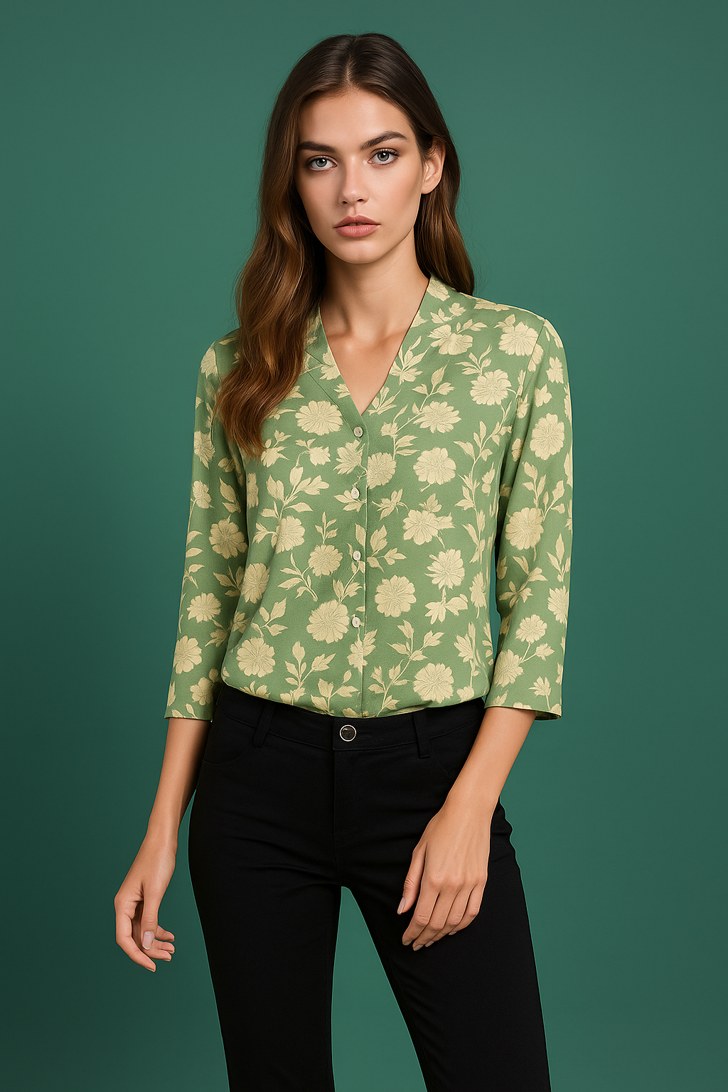 Green Floral Print V-Neck Top-Women Tops-Crimsoune Club