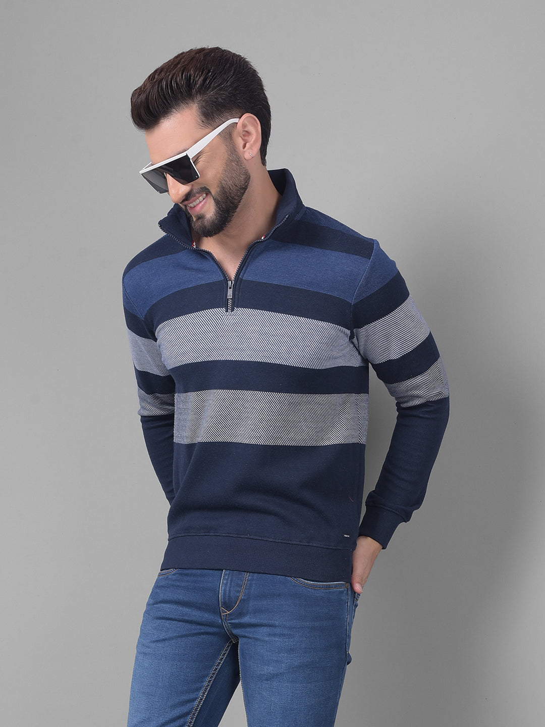 Navy Blue Striped Sweatshirt-Men Sweatshirts-Crimsoune Club