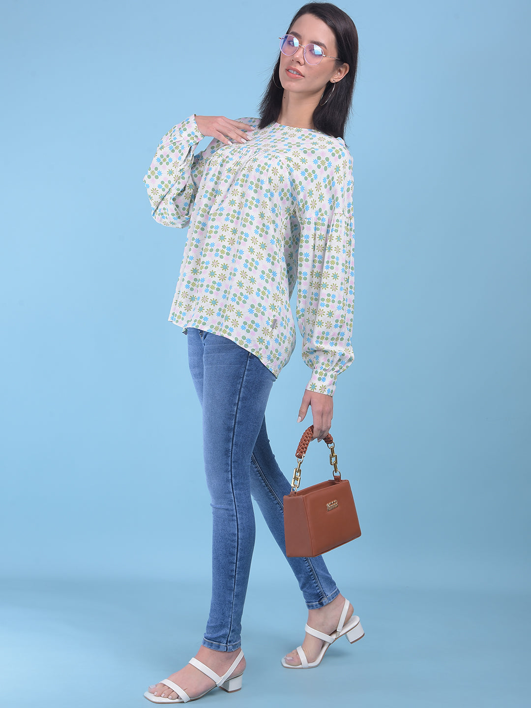 White Floral Print Top-Women Tops-Crimsoune Club