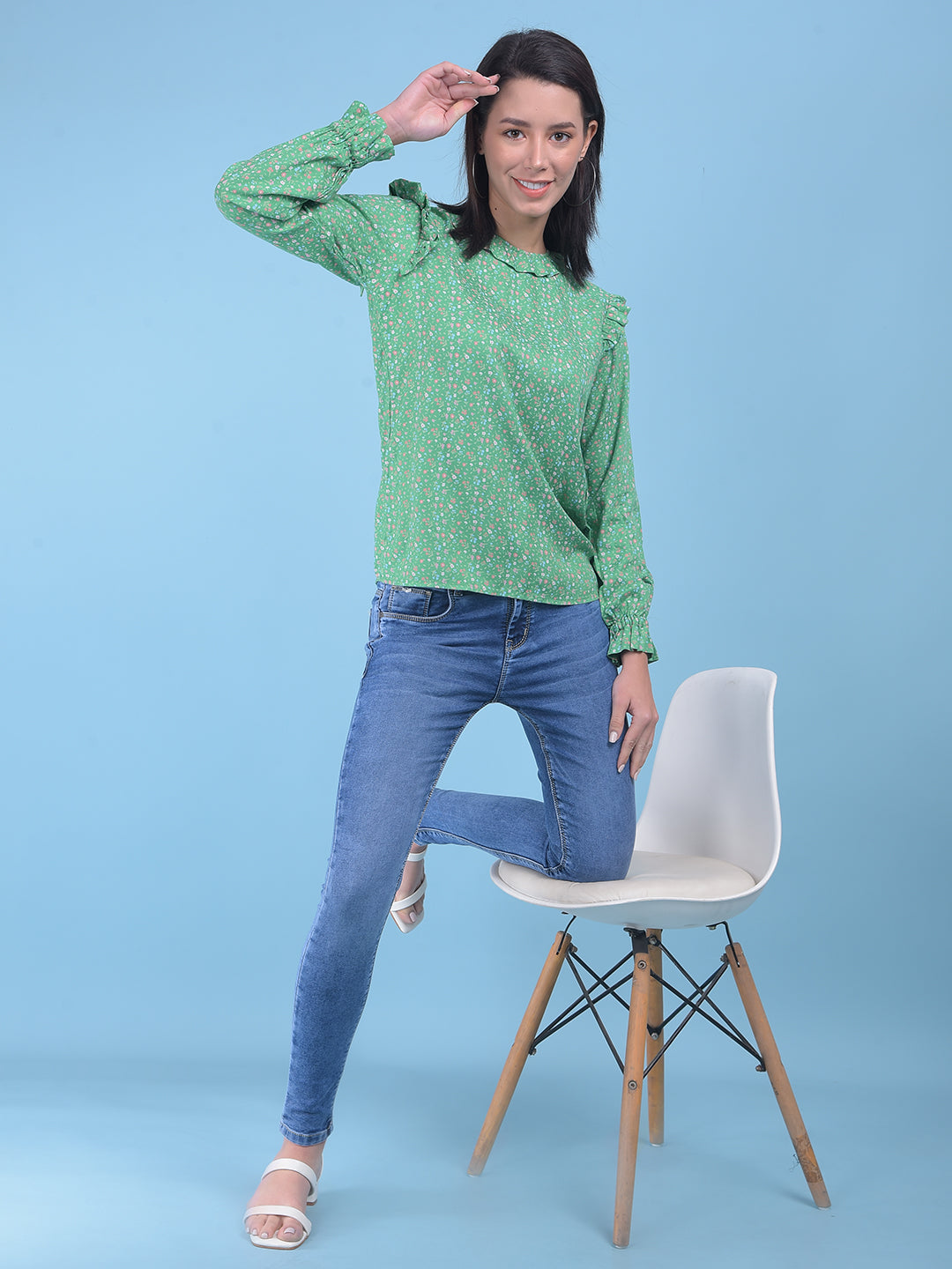 Green Floral Print Top-Women Tops-Crimsoune Club