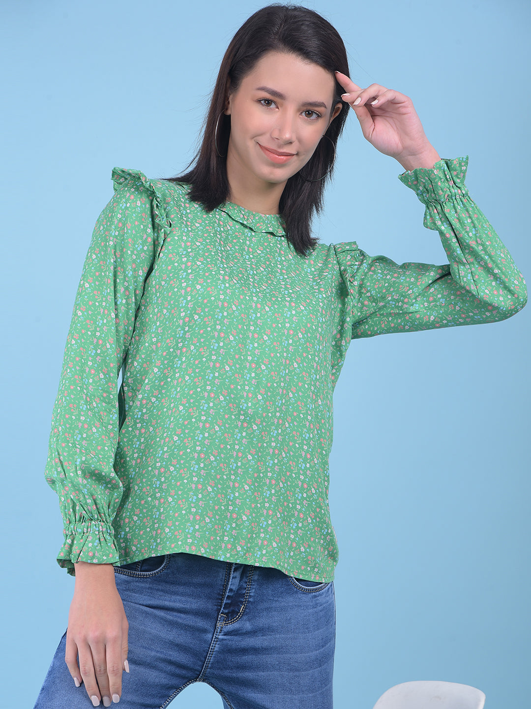 Green Floral Print Top-Women Tops-Crimsoune Club