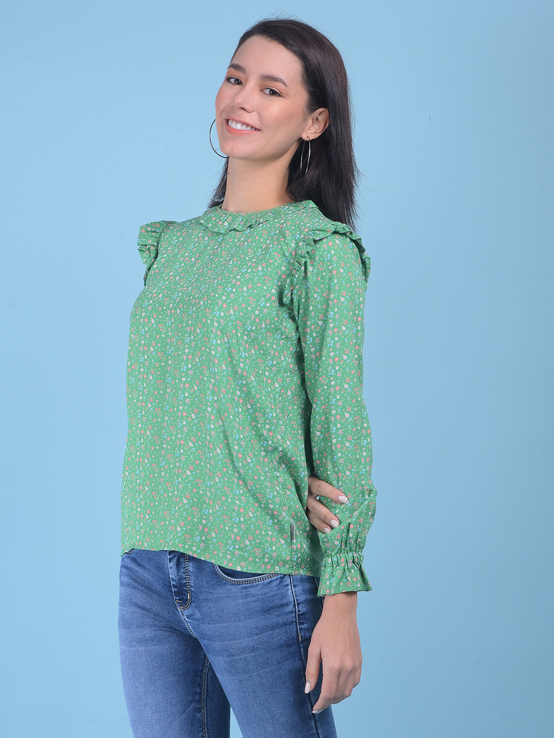 Green Floral Print Top-Women Tops-Crimsoune Club