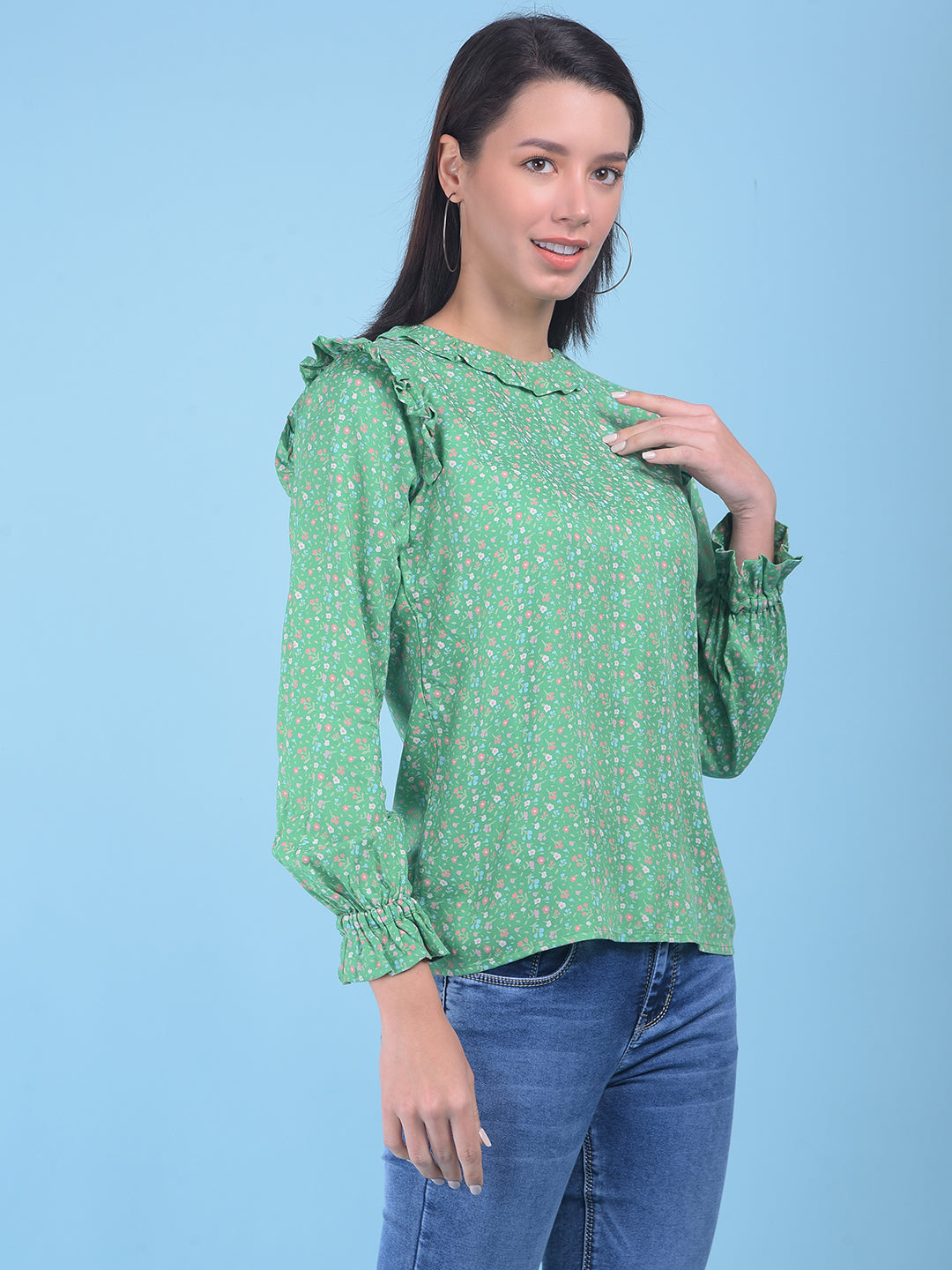 Green Floral Print Top-Women Tops-Crimsoune Club