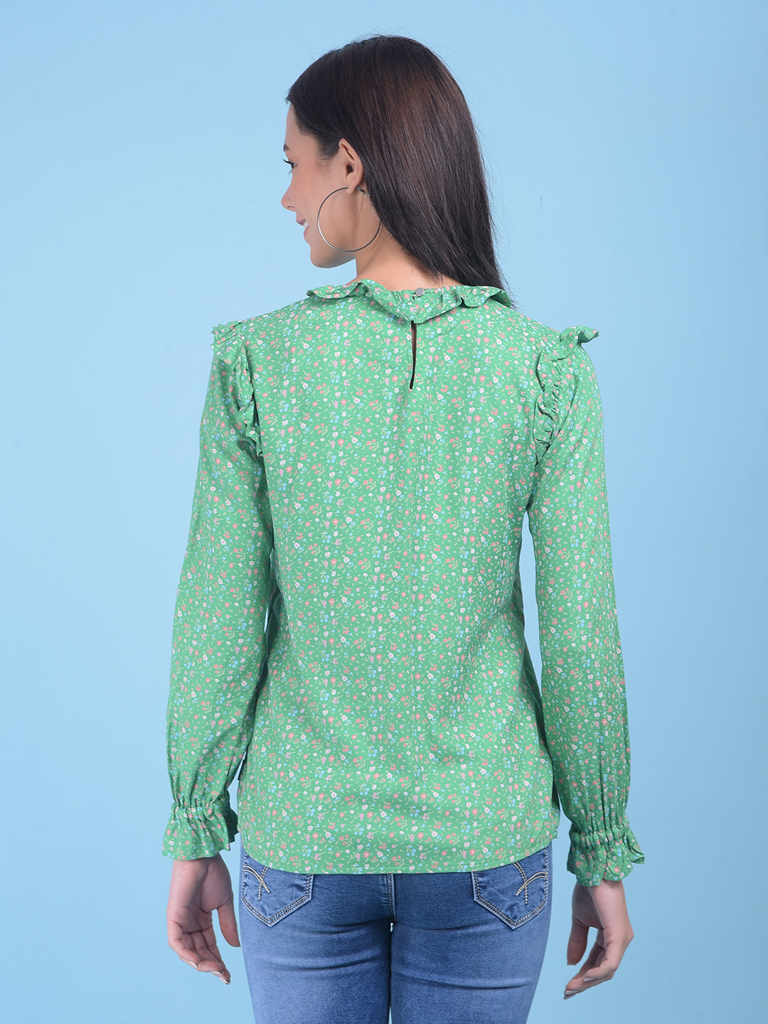 Green Floral Print Top-Women Tops-Crimsoune Club