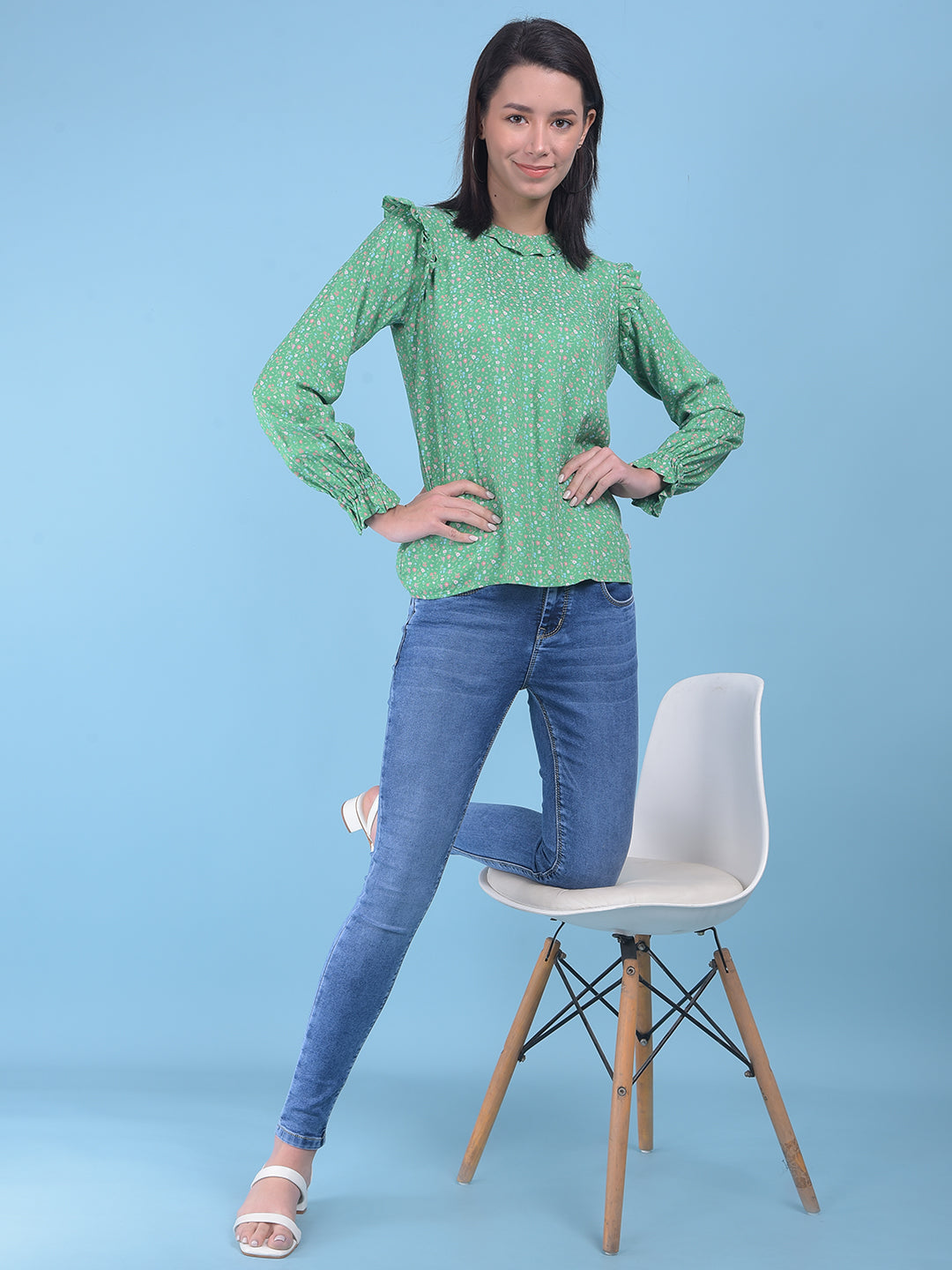 Green Floral Print Top-Women Tops-Crimsoune Club