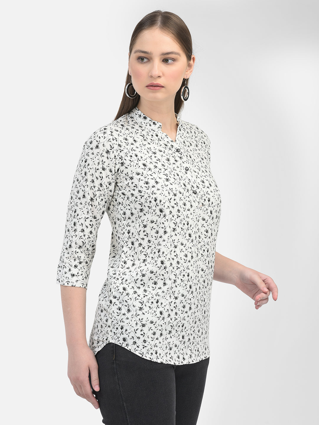 Floral Print White Top-Women Tops-Crimsoune Club